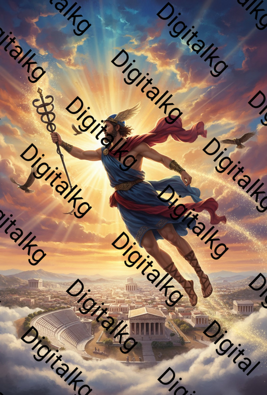 Mythical figure in a dynamic pose with 'Digitalkgo' text overlay, set against a cityscape and sunset.