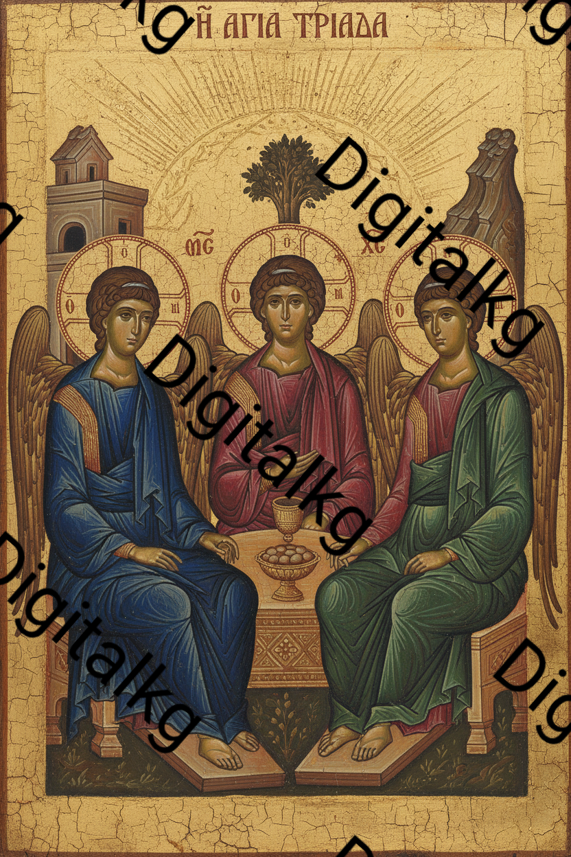 Icon of three seated figures with a cracked texture background