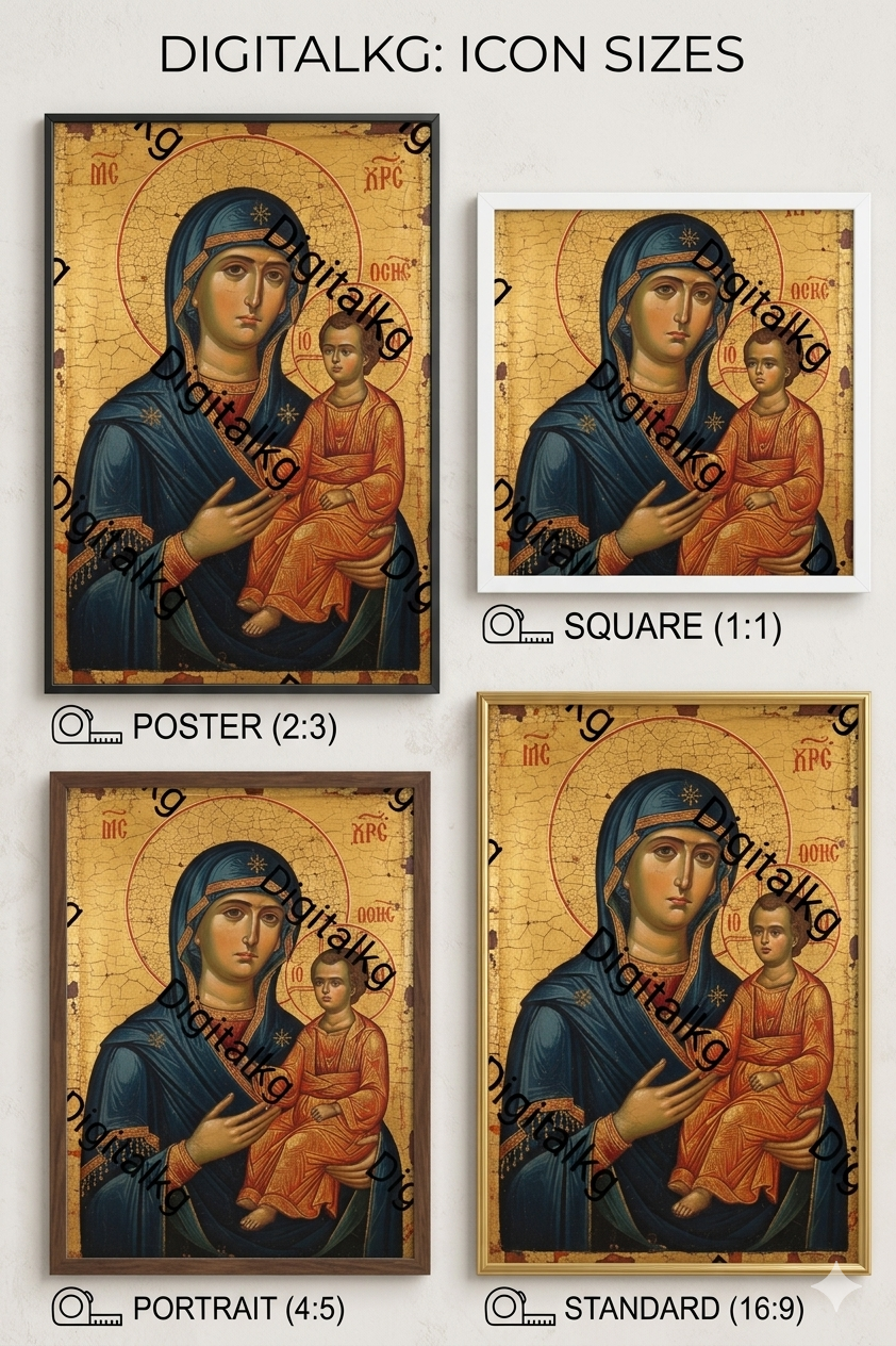 Four icon sizes with a religious illustration of a woman holding a child on a white background.