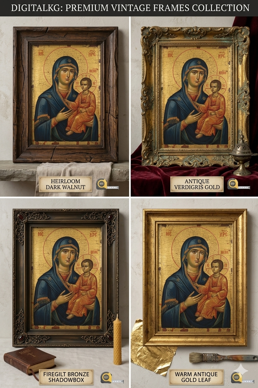 Collection of vintage frames with icons featuring a religious scene, displayed against a neutral background.