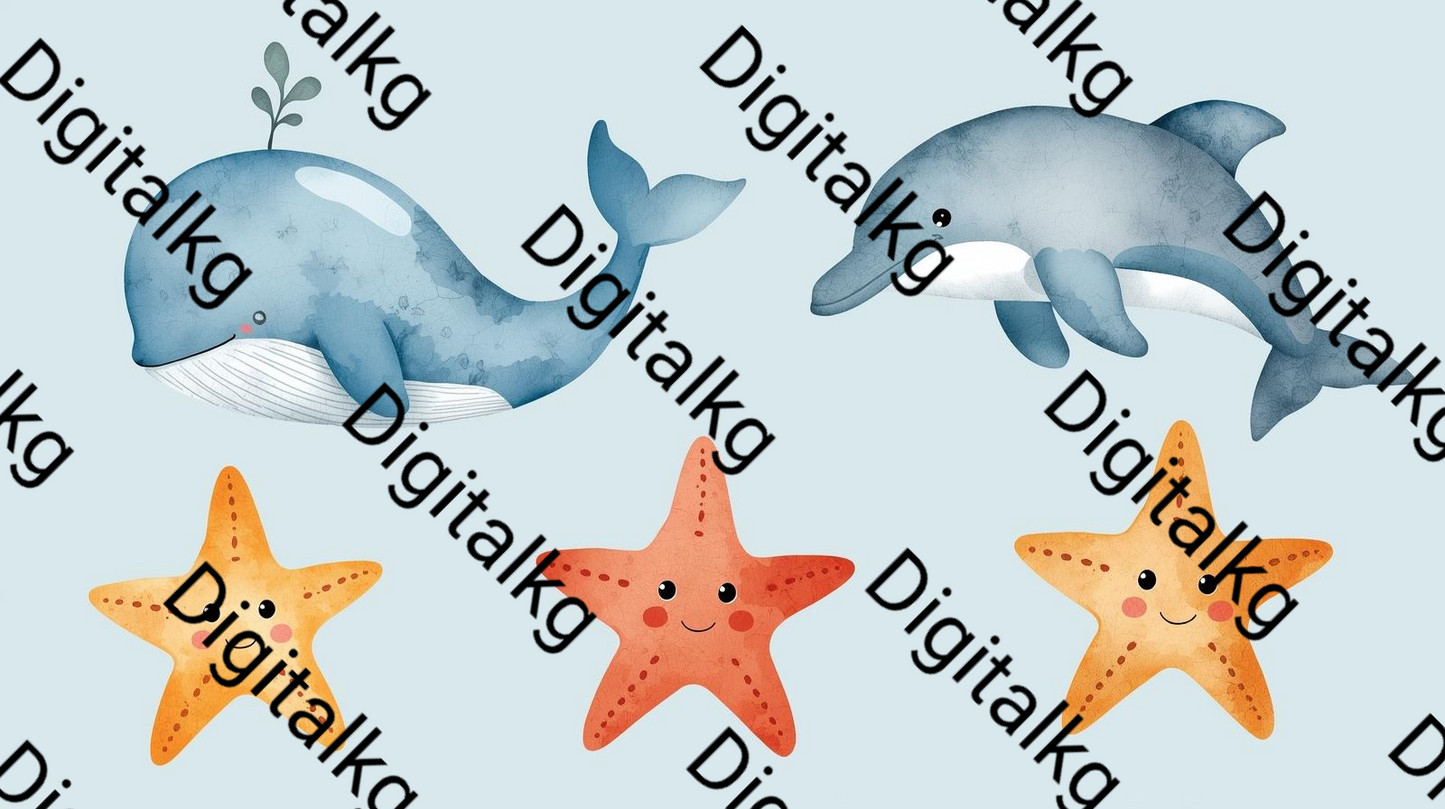 Pattern of dolphins, starfish, and text on a light blue background