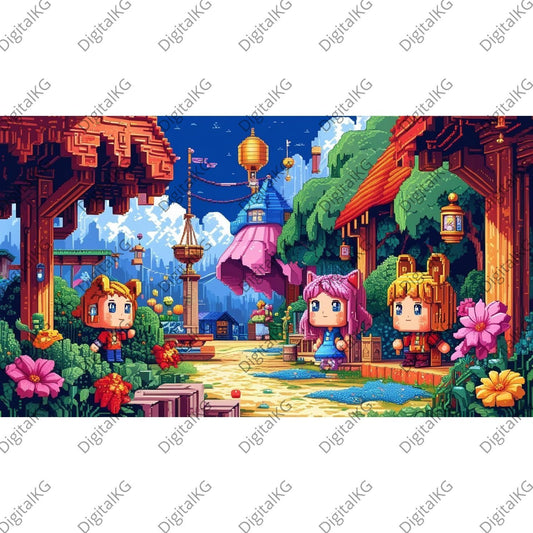 AI-generated pixelated village life promenade digital art
