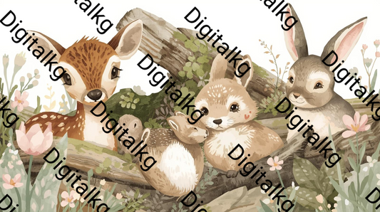 Woodland animals with flowers and leaves on a white background, featuring the brand 'Digitalkg'.