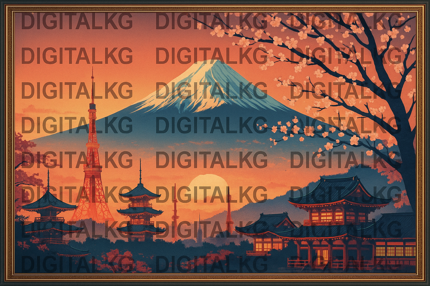 AI Generated Tokyo Skyline Art with Frame and Comprehensive Watermark Protection