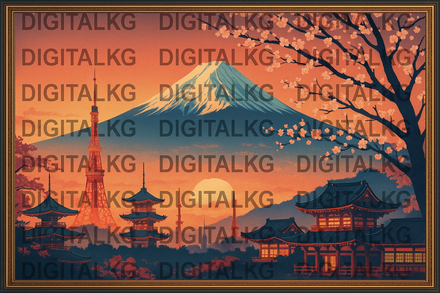 AI Generated Tokyo Skyline Art with Frame and Comprehensive Watermark Protection