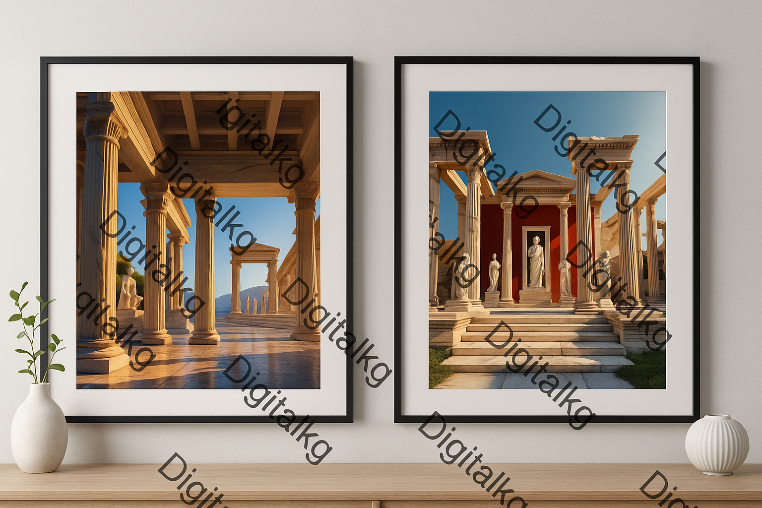 Ancient Greek architecture images in frames with enhanced watermarks