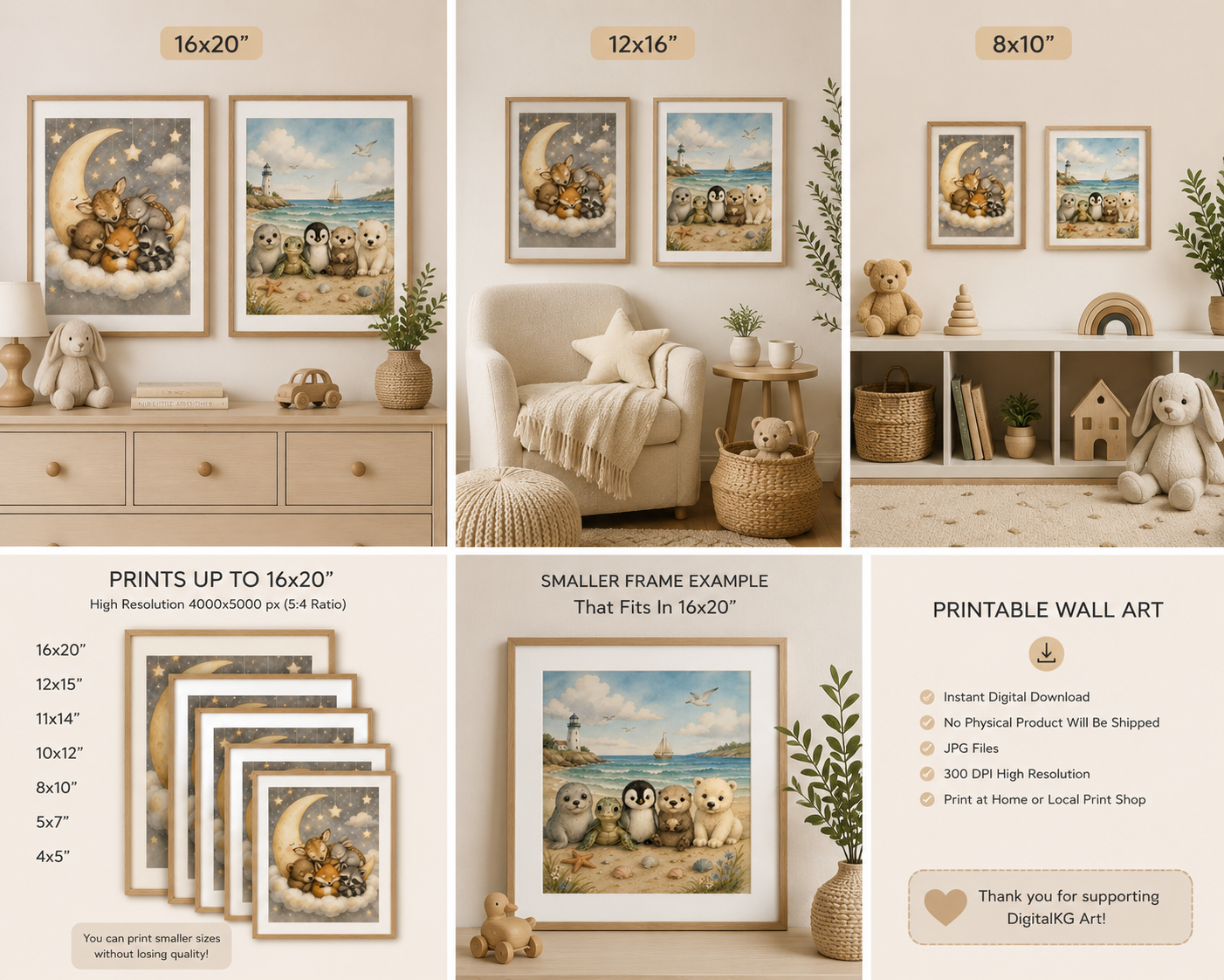 Woodland Nursery Bundle Set of 2 | Sleeping Forest Animals & Coastal Baby Animals | Printable Nursery Wall Art | Digital Download