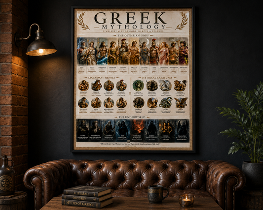 Greek Mythology Poster, Gods Heroes and Creatures Wall Art, Dark Academia Bedroom Decor, Classical History Pri – printable digital wall art
