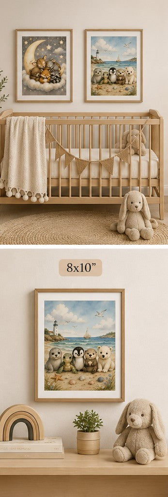 Woodland Nursery Bundle Set of 2 | Sleeping Forest Animals & Coastal Baby Animals | Printable Nursery Wall Art | Digital Download