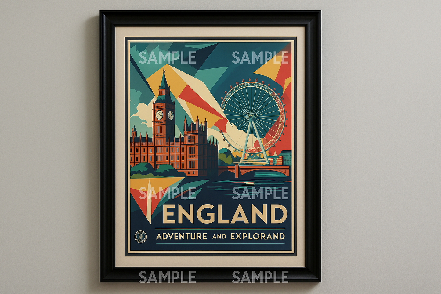 England travel poster in frame with watermarks