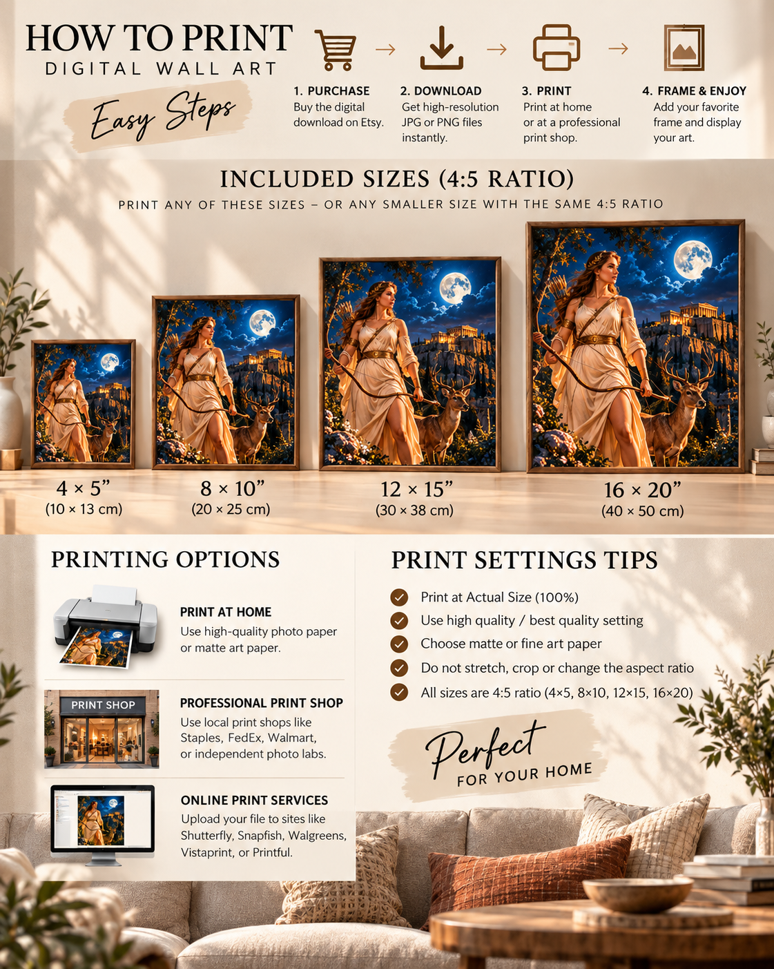 Artemis Greek Goddess Wall Art | Goddess of the Hunt | Greek Mythology Printable Art | Acropolis Moonlight Digital Download