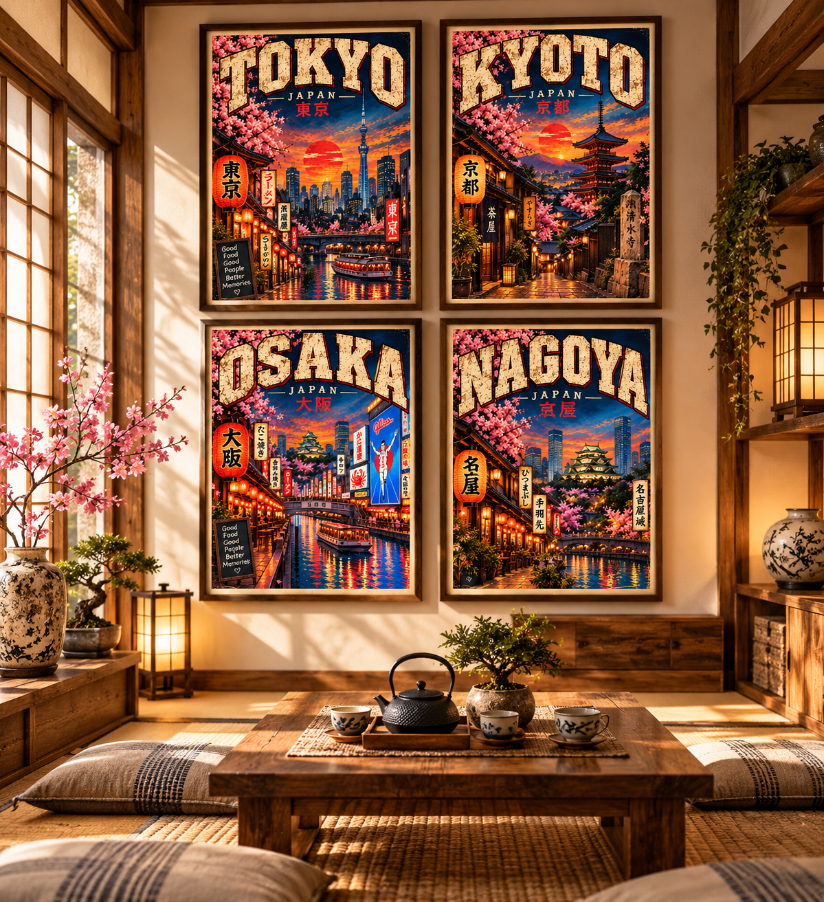 Japan Travel Print Bundle, Tokyo Kyoto Osaka Nagoya Wall Art, Vintage Japanese City Posters, Set of 4 Digital Downloads