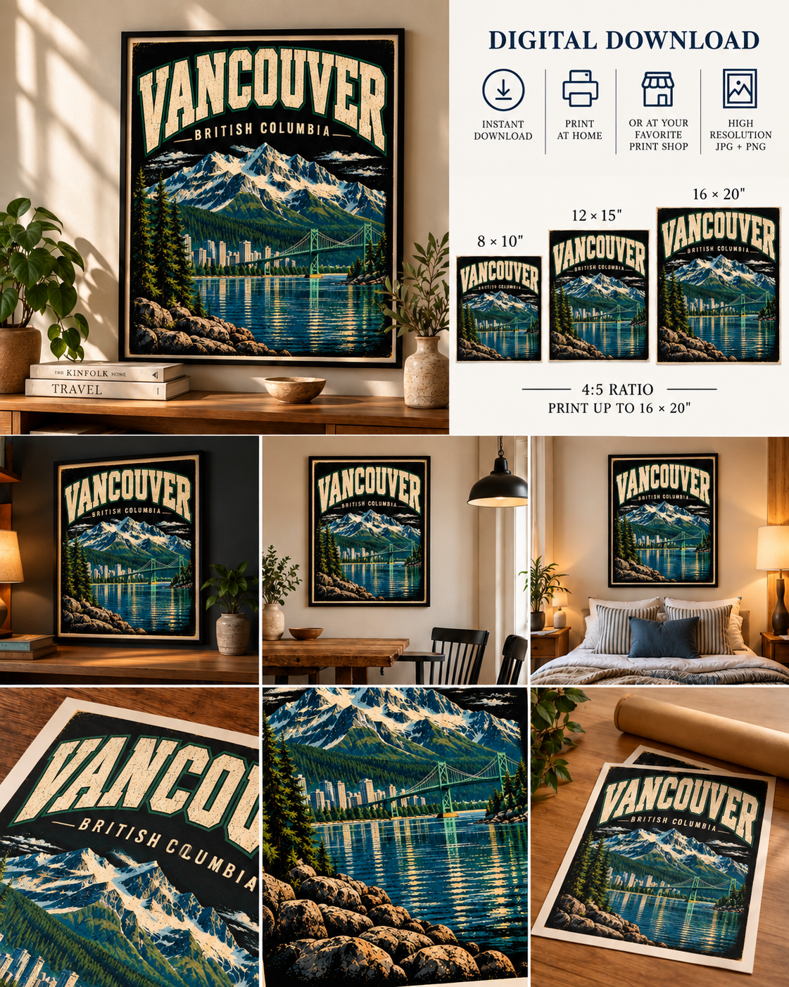 Vancouver British Columbia Wall Art Printable | Vintage Canada Travel Poster, Mountain & Cityscape Print