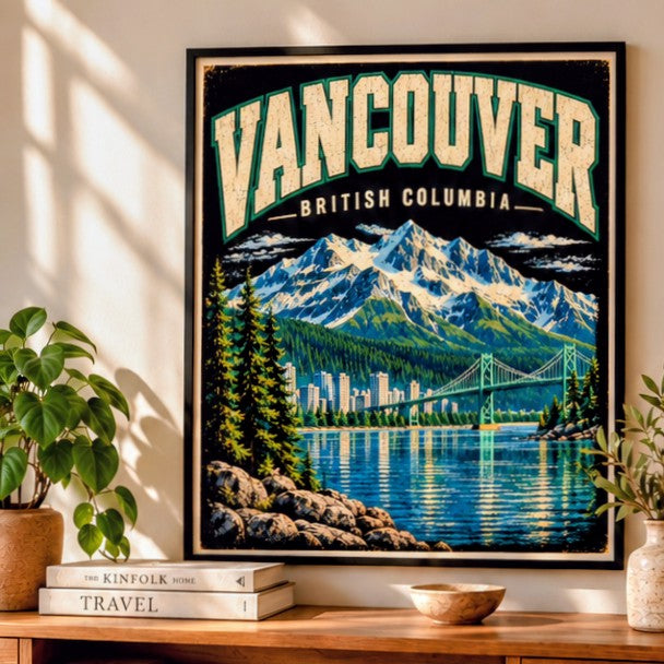 Vancouver British Columbia Wall Art Printable | Vintage Canada Travel Poster, Mountain & Cityscape Print