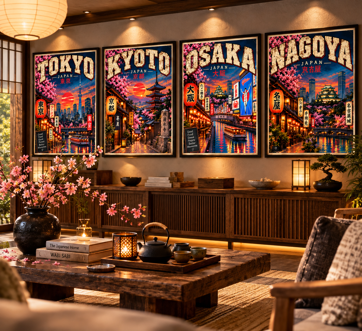 Japan Travel Print Bundle, Tokyo Kyoto Osaka Nagoya Wall Art, Vintage Japanese City Posters, Set of 4 Digital Downloads