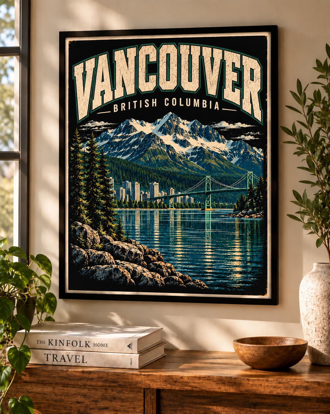 Vancouver British Columbia Wall Art Printable | Vintage Canada Travel Poster, Mountain & Cityscape Print