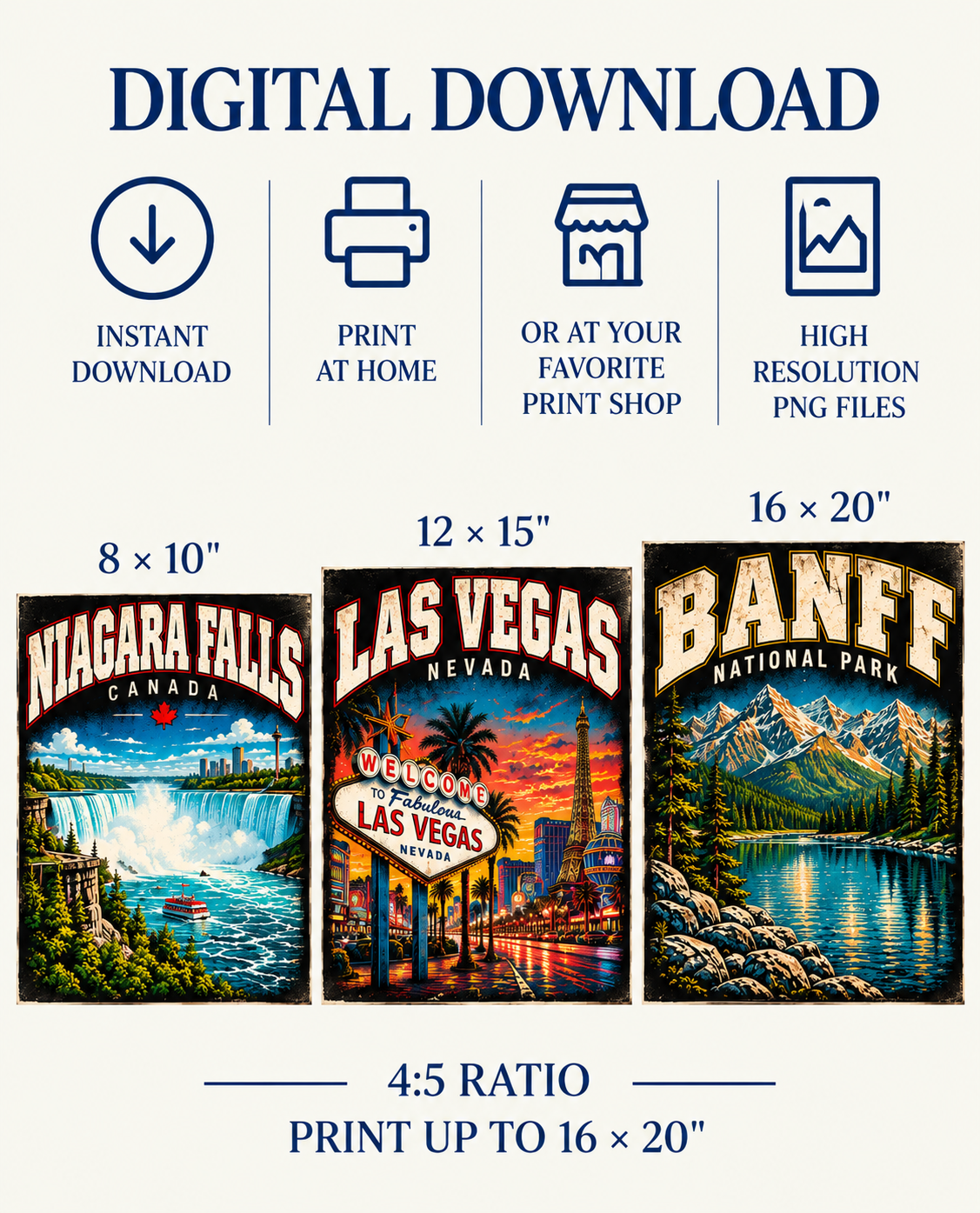 Niagara Falls, Las Vegas & Banff Wall Art Bundle | 3 Vintage Travel Posters, Printable Digital Download