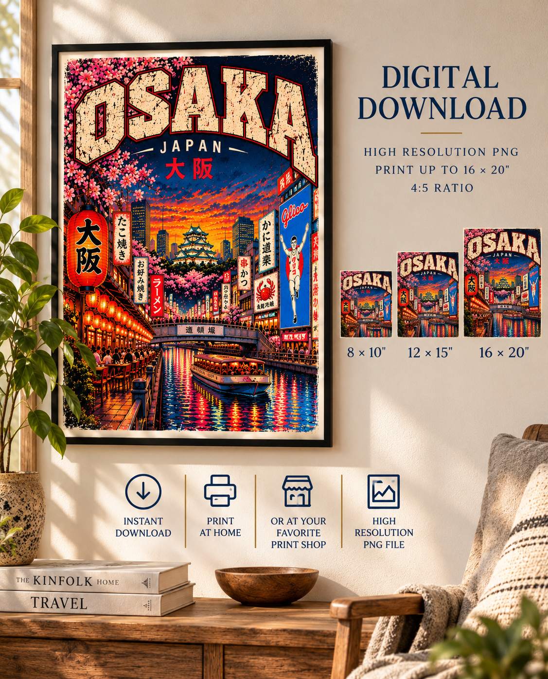 A framed Osaka Japan travel poster displayed on a wall in a styled room setting, with text reading 'DIGITAL DOWNLOAD' and size options 8 x 10, 12 x 15, and 16 x 20. The poster shows a colorful cityscape with neon signs, boats on a river, and cherry blossoms.