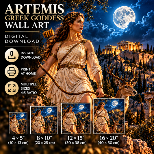 Artemis Greek Goddess Wall Art | Goddess of the Hunt | Greek Mythology Printable Art | Acropolis Moonlight Digital Download
