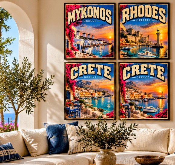 Mykonos Rhodes Crete Greece Travel Print Bundle, Set of 4 Greek Island Wall Art, Vintage Mediterranean Digital Download