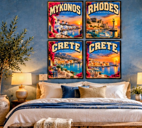 Mykonos Rhodes Crete Greece Travel Print Bundle, Set of 4 Greek Island Wall Art, Vintage Mediterranean Digital Download