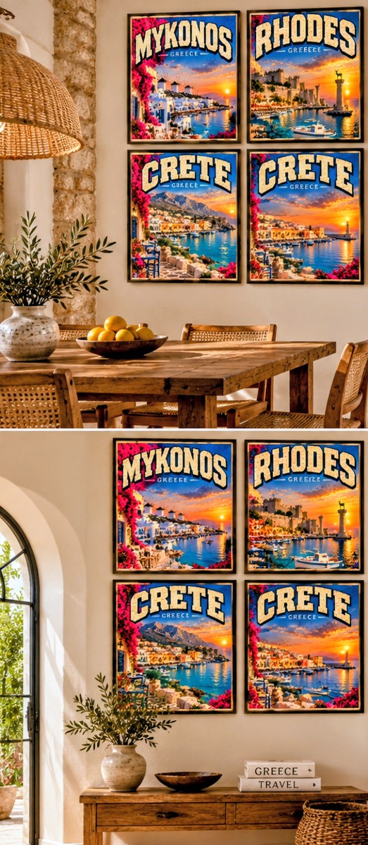 Mykonos Rhodes Crete Greece Travel Print Bundle, Set of 4 Greek Island Wall Art, Vintage Mediterranean Digital Download