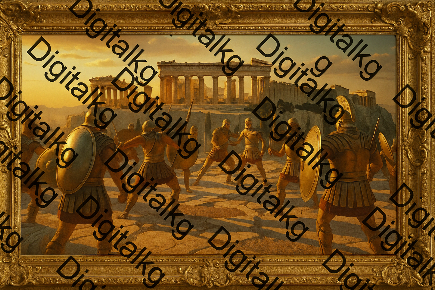 Greek mythology battle scene in frame with watermarks all over
