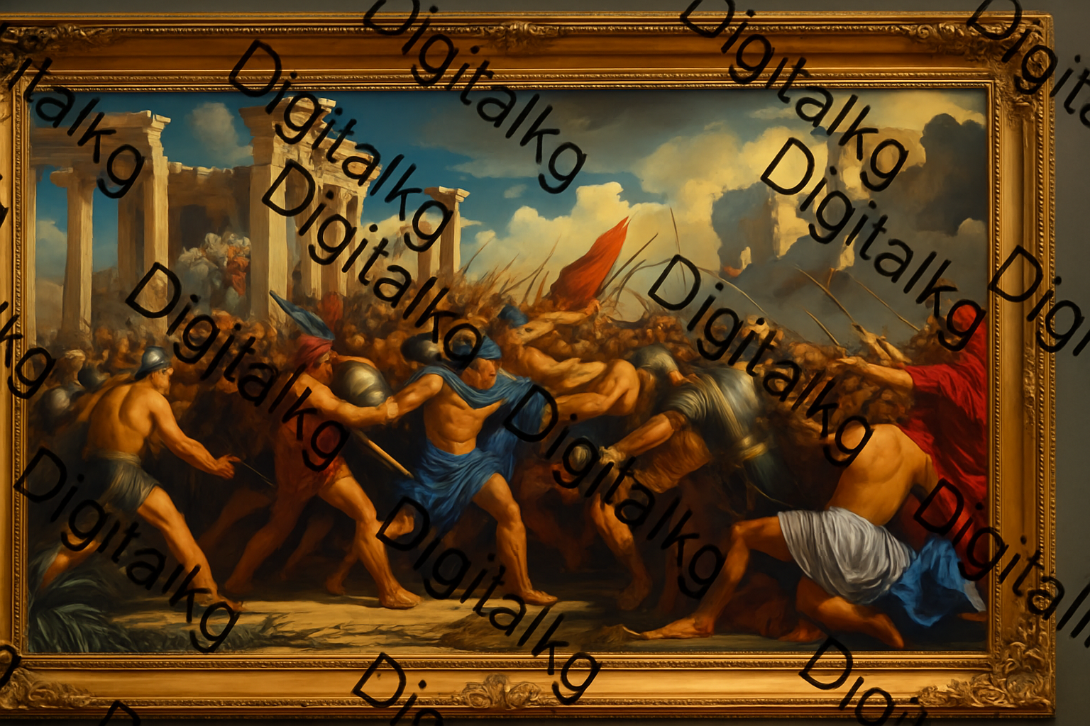 Greek mythology battle scene in ornate frame with extensive watermarks