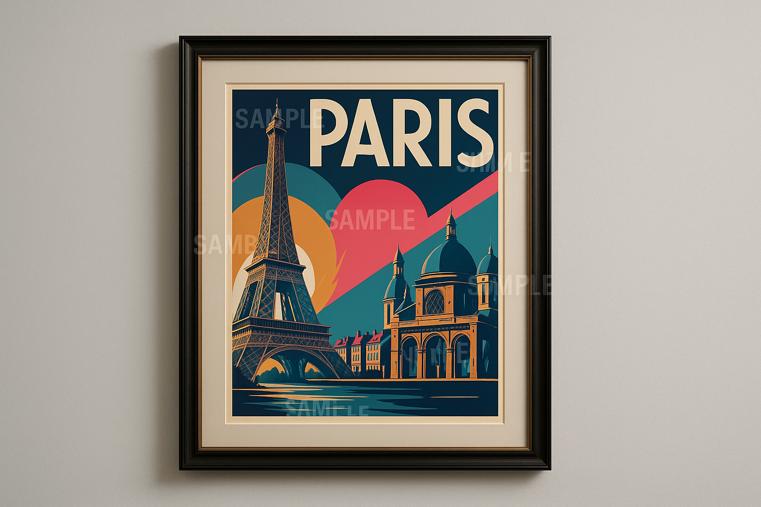 Paris travel poster in frame with watermarks